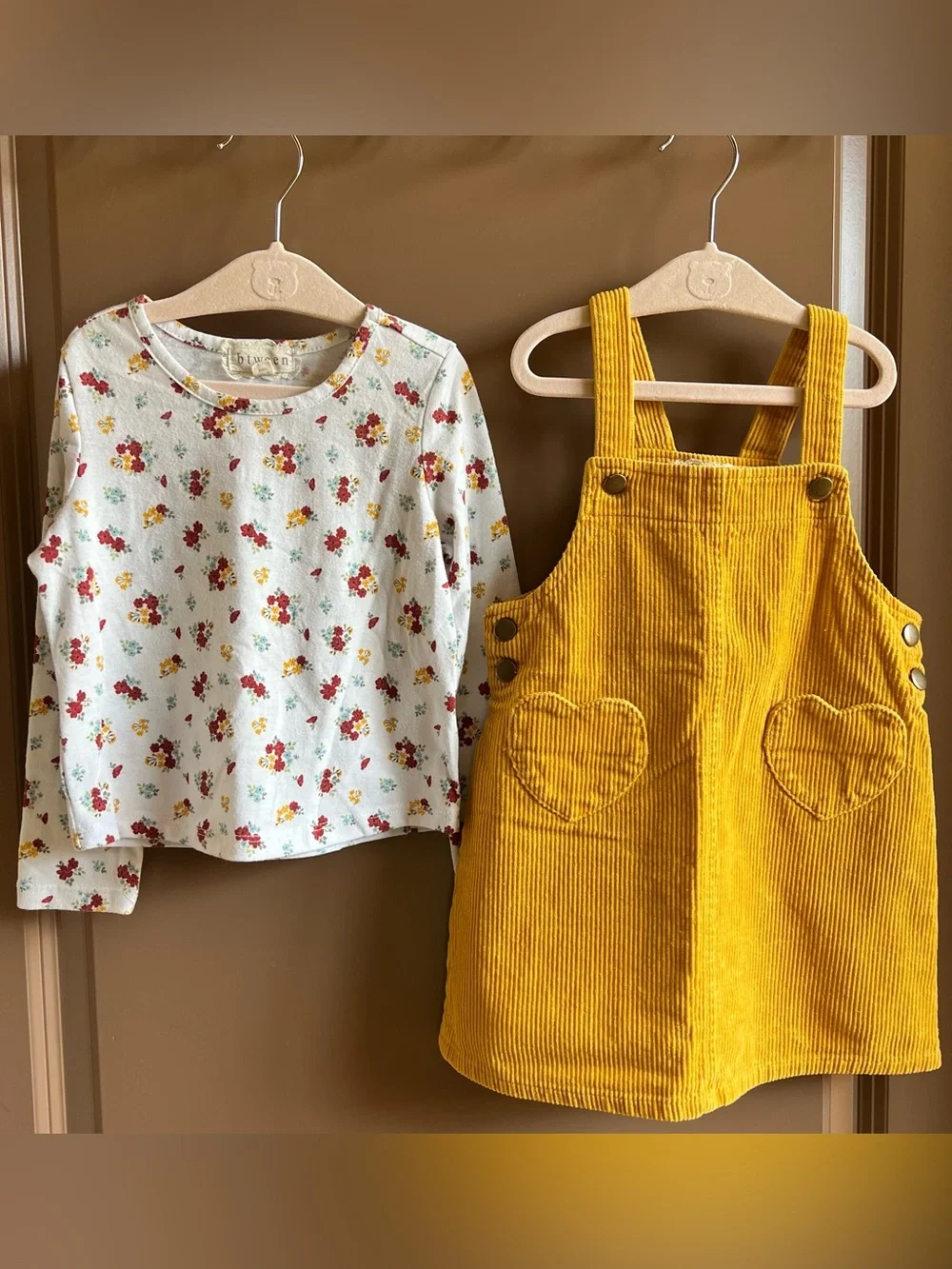 Between Mustard Corduroy Jumper Dress & Floral Top Set Girls Size 4T
